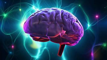Digital brain glowing colorful human AI 3D virtual thinking modern lab research imagination creativity skill technology intelligence idea innovation concept mind office business tech video