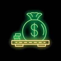 Neon sign representing money bag on scale with dollar sign being weighed on black background vector