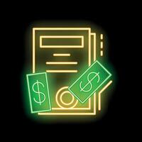 Neon icon of contract signing with money and signature vector
