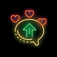 Neon speech bubble with up arrow and hearts surrounded by stars vector