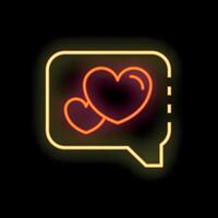 Neon speech bubble showing two glowing red hearts on black background vector