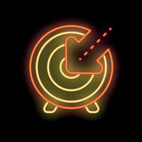 Neon target showing arrow hitting bullseye on black background vector