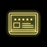 Yellow neon icon representing a five star rating on a laptop computer vector