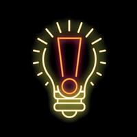 Neon light bulb shining with exclamation mark inside on a black background vector
