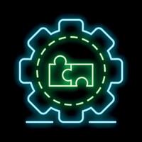 Neon icon of gear and puzzle pieces representing problem solving vector
