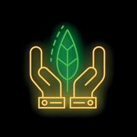 Neon sign of hands holding a sprouting plant for environmental conservation vector