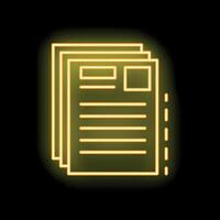 Yellow neon sign representing stack of documents on black background vector
