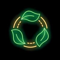 Neon sign representing recycling with three green leaves rotating in a circle vector