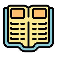 Open book with text and pictures icon illustrating textbook vector
