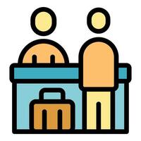 Tourist checking in at hotel reception desk with suitcase vector