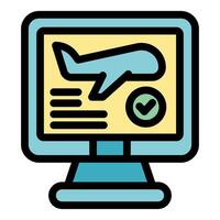 Online flight booking service with computer screen showing airplane icon vector