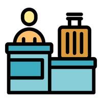 Airport check in counter with suitcase and employee working vector