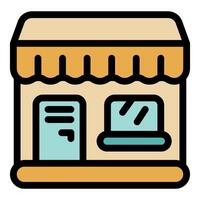 Small business storefront facade with awning and large window displaying products for sale vector