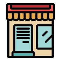 Small business storefront with striped awning and closed sign displaying opening hours vector