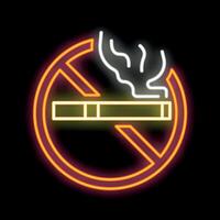 Glowing neon sign showing cigarette with smoke surrounded by red forbidden symbol on black background vector