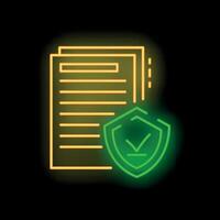 Neon icon of documents with shield representing data protection vector