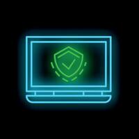 Neon green shield with checkmark on laptop screen symbolizing cybersecurity vector