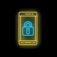 Neon smartphone displaying security padlock icon on dark background vector