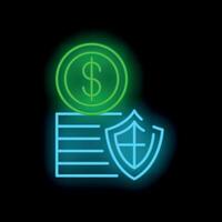 Neon sign representing money security with dollar coin and shield vector