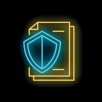 Neon shield protecting documents icon representing data security vector