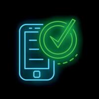Neon sign showing mobile phone validating data with check mark symbol vector