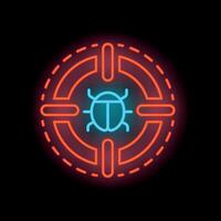 Neon icon of a bug in crosshair representing debugging process vector