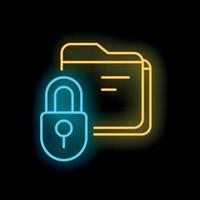Neon padlock securing a folder with documents on a black background vector