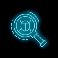Neon magnifying glass searching for computer bug icon vector