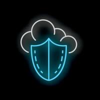 Neon blue shield protecting cloud computing data storage icon vector