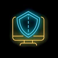 Neon icon of shield protecting computer for cybersecurity concept vector