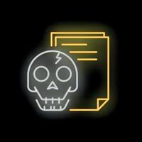Neon icon of skull with cracked bone and paper document vector