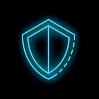 Neon blue shield glowing on black background representing security vector