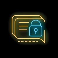 Neon icon of chat bubble with closed padlock symbolizing secure messaging vector