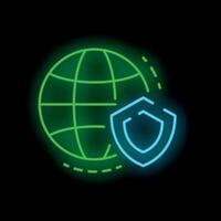 Neon icon of shield protecting earth for global security concept vector