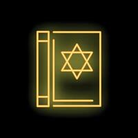 Glowing neon yellow jewish torah with david star on a black background vector