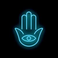 Glowing neon hamsa hand sign with eye protecting from evil on black background vector
