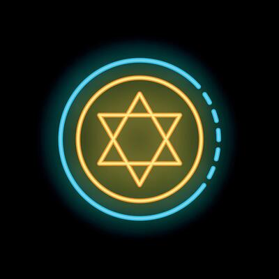 Neon sign representing star of david on black background