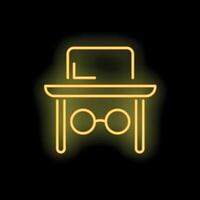 Neon sign representing a writer working with a laptop on a desk and wearing glasses vector