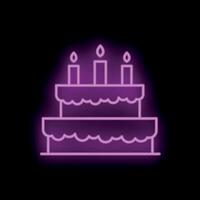 Big birthday cake with three candles burning in neon light style vector