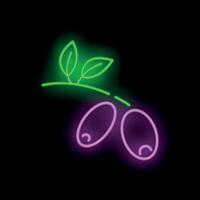 Neon sign showing two olives hanging from branch with leaves vector