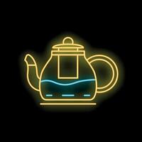 Neon glowing teapot with boiling water and steam on black background vector