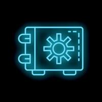 Glowing neon line icon of a safe with settings sign, representing data protection vector