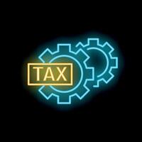 Neon tax mechanism sign with gears working on black background vector
