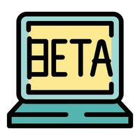 Laptop showing beta version software on screen icon vector