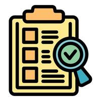Magnifying glass hovering over clipboard with checklist indicating successful completion vector