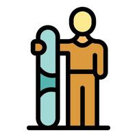 Snowboarder holding snowboard icon, simple style vector