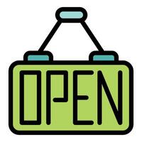 Green open sign hanging and announcing business hours vector