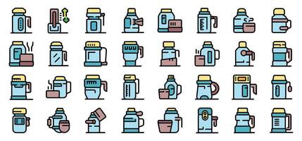 Different types of reusable water bottles are depicted in this comprehensive icon set, emphasizing the importance of hydration and sustainability vector