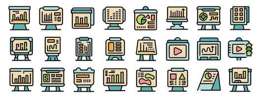 Managers presenting business plans using flip charts and projectors icons set vector