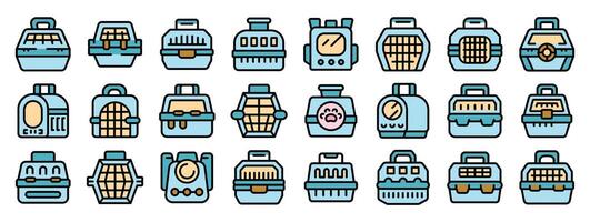 Set of pet carrier icons showing different types and styles of carriers for cats and dogs vector